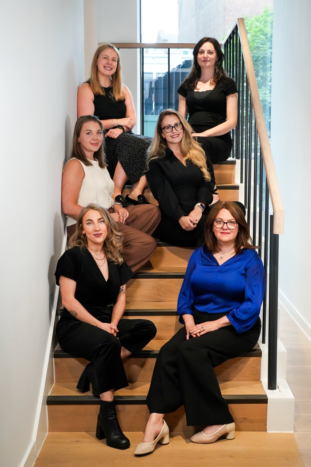 Six of the SkyParlour team on the stairs at the office